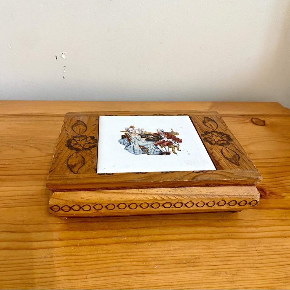 Vintage 70s Wood Jewelry Box Romantic Tile Hand Burned Design